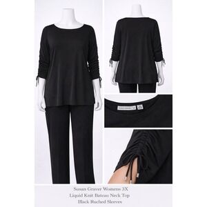 Susan Graver Womens 3X Black Liquid Knit Bateau Neck Ruched Sleeve Top A234982